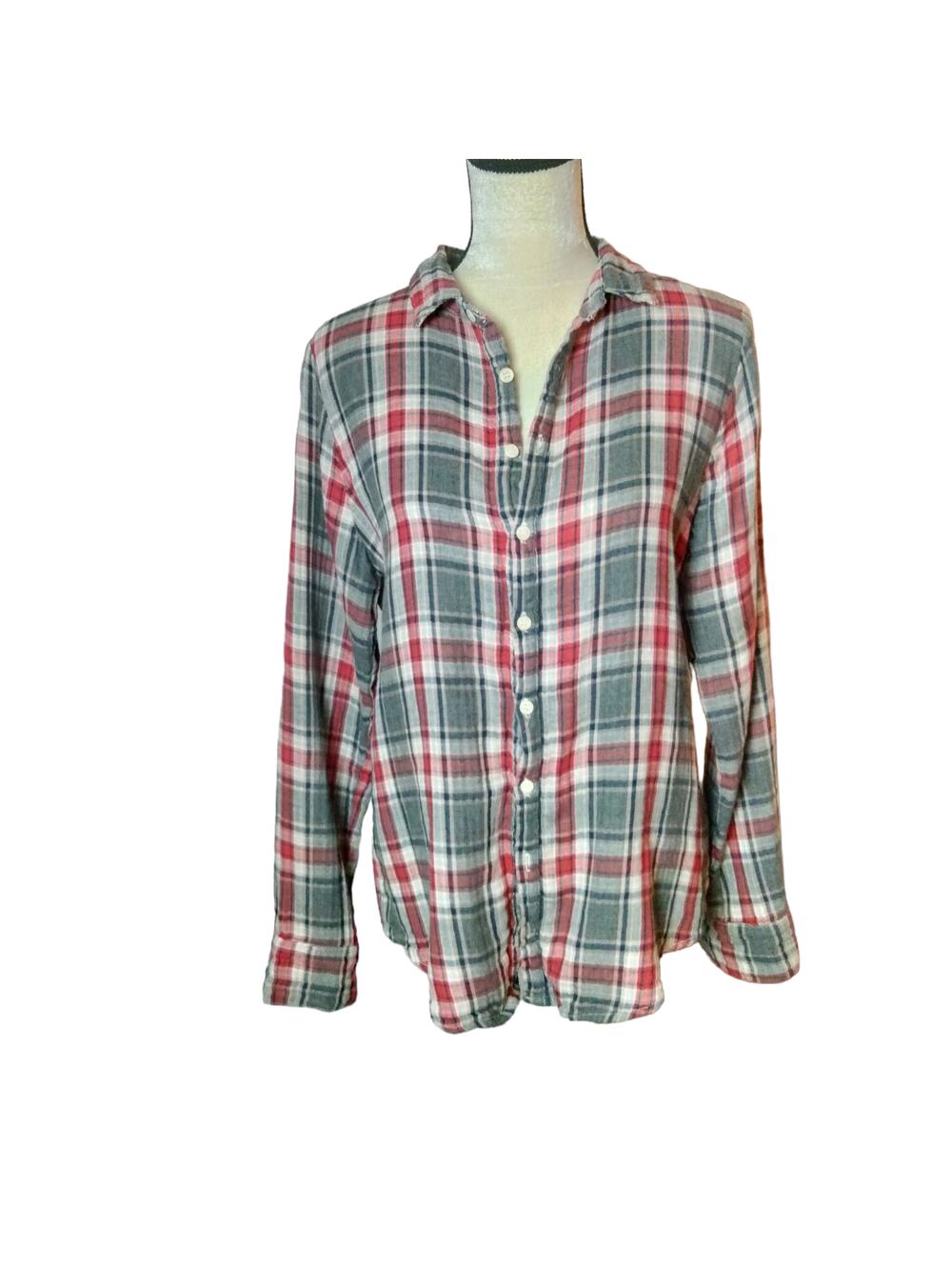 CP Shades Womens Sz XS Romy Red Grey Plaid Double Cotton Gauzy Button Up Shirt